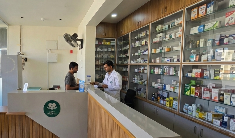 An in-house pharmacy stocked with necessary medications.
